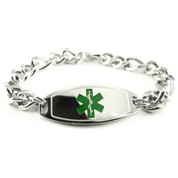 Medical Alert Bracelet for Men with Free Engraving, Thick Stainless Steel Personalized Medic ID Custom Sized 1cm Chain - Green | Made in USA - Wrist Size 8.25 inch