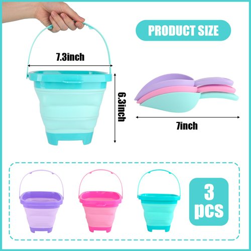 Shindel 3 PCS Foldable Pail Bucket, Collapsible Beach Buckets with Shovels, Travel Sand Toys for Beach, Fun Summer Activities, Beach Essentials, Toddler Beach Toys