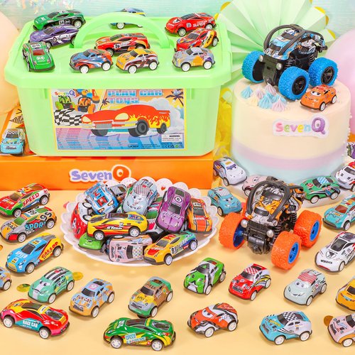 SevenQ Toy Cars for Kids Ages 4-8, 56Pcs Monster Truck Toys Pull Back Cars with Storage Box, Race Cars Party Favors for Toddler Toys Pinata Goodie Bag Stuffers Christmas Treasure Box Classroom Prizes