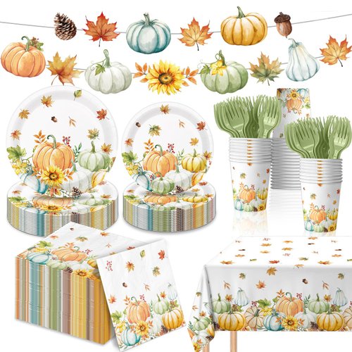 121 PCS Fall Party Plates and Napkins - Watercolor Pumpkin Tableware Include Plates, Cups, Napkins, Tablecloth, Banner, Forks for Fall Party Decorations, Serves 24