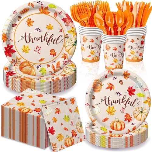168PCS Thanksgiving Plates and Napkins Set Thanksgiving Party Decorations Includes Maple Leaves Paper Plates, Napkins, Cups, Cutlery for Harvest Celebrations, Serve 24 Guests