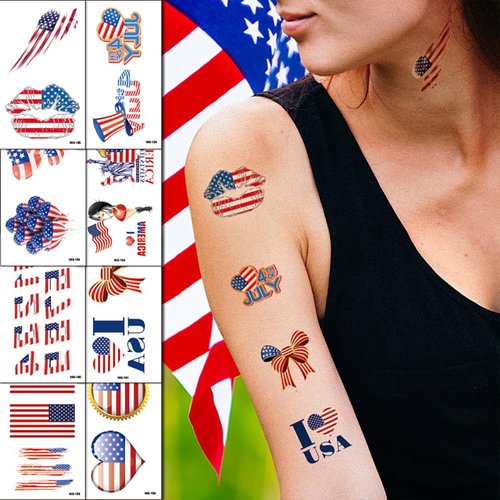 GeRRiT 20 Sheets Independence Day Temporary Tattoos 4th of July Stickers for Adults Kids Red American Flag Tattoos Stickers Red White Blue Patriotic Body Art Stickers for Memorial Day Labor Day