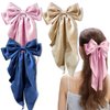 3 Pieces Silky Satin Hair Bow Larg Hair Bows Hair Clips for Women Soft Ribbon Hair Barrettes Plain Color Bowknot with Long Tail French Barrettes for Girls (Tibetan blue, Khaki, Pink)