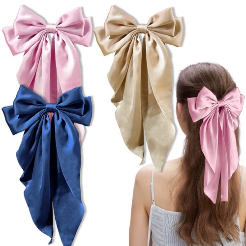 3 Pieces Silky Satin Hair Bow Larg Hair Bows Hair Clips for Women Soft Ribbon Hair Barrettes Plain Color Bowknot with Long Tail French Barrettes for Girls (Tibetan blue, Khaki, Pink)