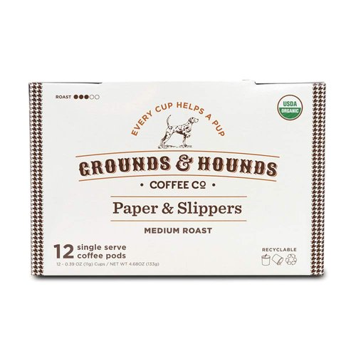 Grounds & Hounds Single Serve Organic Coffee Pods - K Cup Coffee Pods Compatible with Keurig, Medium Roast Coffee K Cups, Recyclable Coffee Pods, Paper & Slippers Blend, 12 Count
