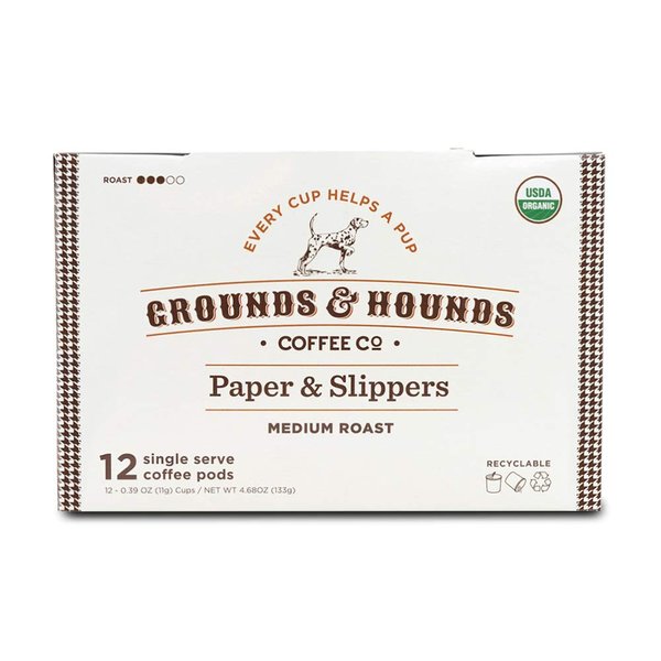 Grounds & Hounds Single Serve Organic Coffee Pods - K Cup Coffee Pods Compatible with Keurig, Medium Roast Coffee K Cups, Recyclable Coffee Pods, Paper & Slippers Blend, 12 Count