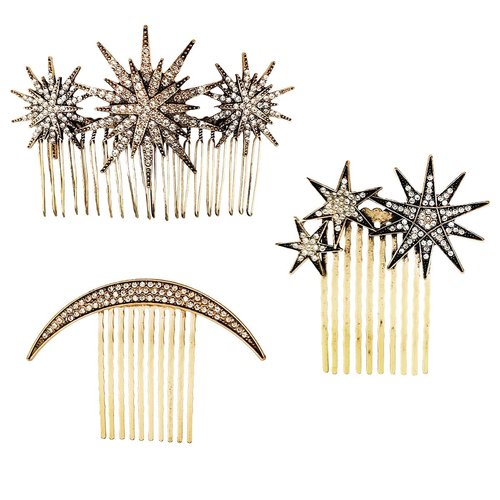 MOESUYUM 3PCS Alloy Vintage Hair Side Combs for Women, Moon Star Retro Rhinestone Metal Hair Clip...