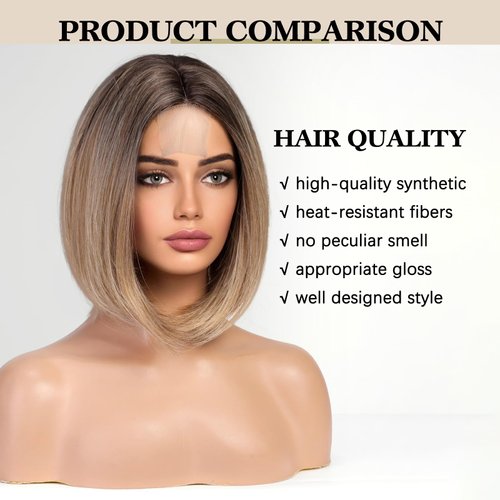 HAIRCUBE Blonde Bob Wig Lace Front Short Bob Wig Heat-Resistant Fiber Perfectly Matches Ombre Mixed Blonde 12 Inches