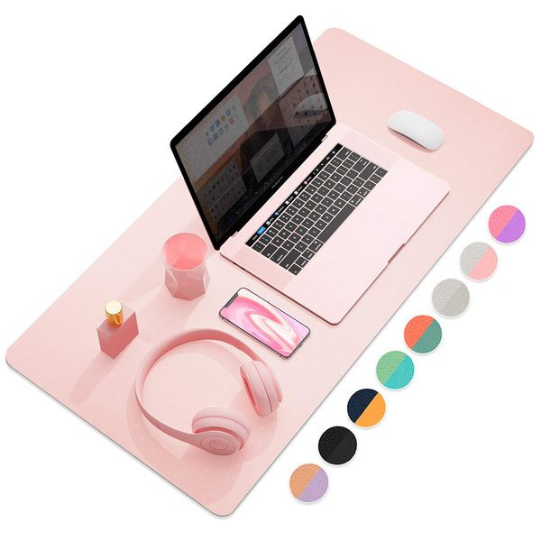 Dual-Sided Multifunctional Desk Pad, Waterproof Desk Blotter Protector, Leather Desk Wrting Mat Mouse Pad (31.5" x 15.7", Pink)