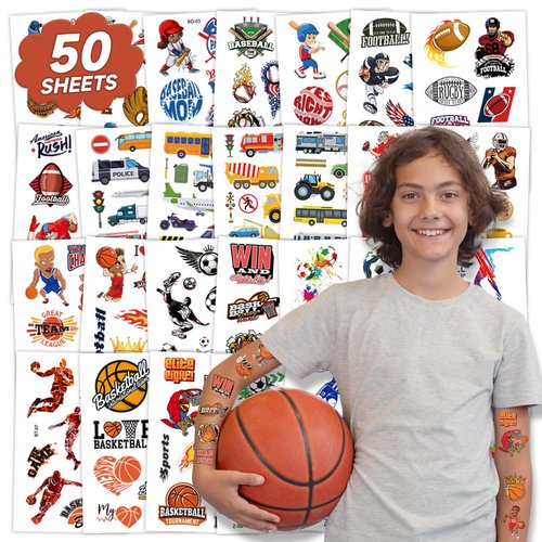 EMOME 300 Styles Kids Tattoos Temporary for Boys, Transportation, Sports Tattoos for Kids Boys, Temporary Tattoo Stickers for Kids Party Favors Decorations Supplies(50 Sheets)