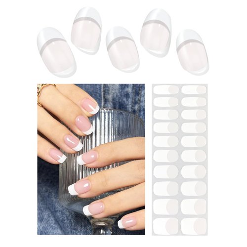 Semi Cured Gel Nail Strips | Classic French 20pcs Semi Cured Gel Nails Sticker | Gel Nail Wraps UV for Home Nails DIY (Nude Transparent)