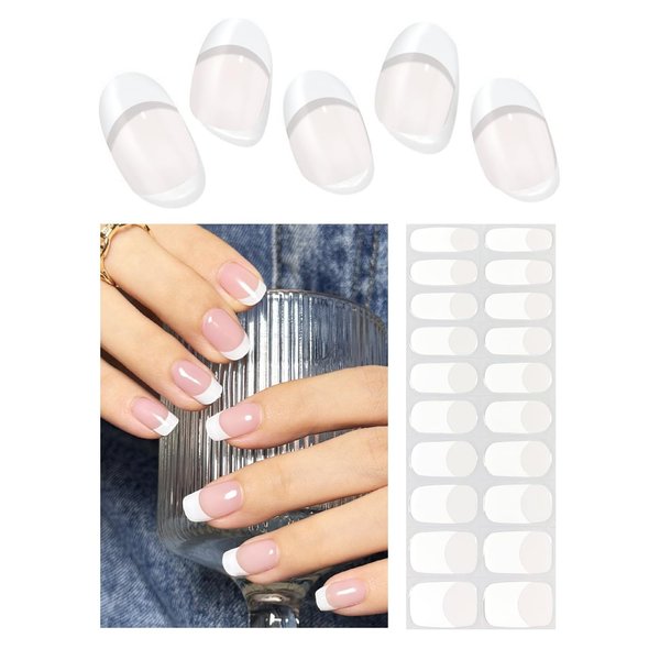 Semi Cured Gel Nail Strips | Classic French 20pcs Semi Cured Gel Nails Sticker | Gel Nail Wraps UV for Home Nails DIY (Nude Transparent)