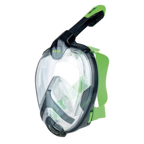 SEAC Unica + Bag, Full Face Snorkeling Mask 180° GoPro Compatible Snorkel Mask- Panoramic Full Face with Anti-Fog Anti-Leak Snorkeling Design, Adults, Black/Lime, s-m (1700002001531A)