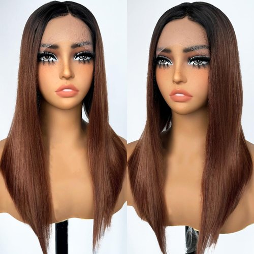 SOKU Ombre Brown Lace Front Wigs With Baby Hair Synthetic Straight Bob Wigs 16 Inch Medium Length...