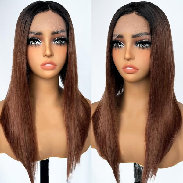 SOKU Ombre Brown Lace Front Wigs With Baby Hair Synthetic Straight Bob Wigs 16 Inch Medium Length Straight Heat Resistant Wigs For Daily Party Use