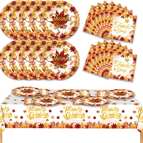 Thanksgiving Plates and Napkins Party Supplies Disposable Dinnerware Set Give Thanks Pumpkin Autumn Tableware for Fall Dinner Party Thanksgiving Decorations,Serve 20