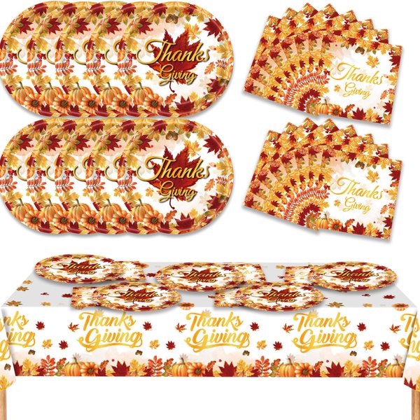Thanksgiving Plates and Napkins Party Supplies Disposable Dinnerware Set Give Thanks Pumpkin Autumn Tableware for Fall Dinner Party Thanksgiving Decorations,Serve 20