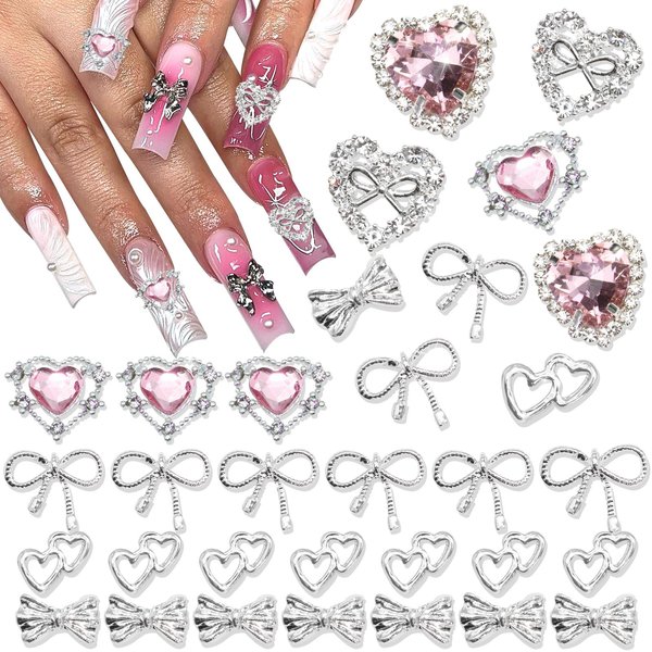 RODAKY 32PCS Bow Nail Charms 3D Silver Heart Shape Nail Art Charm with Pink Rhinestone Valentine's Day Y2K Nail Gems Shiny Nail Jewelry Acrylic Accessories for Women Nail Decorations