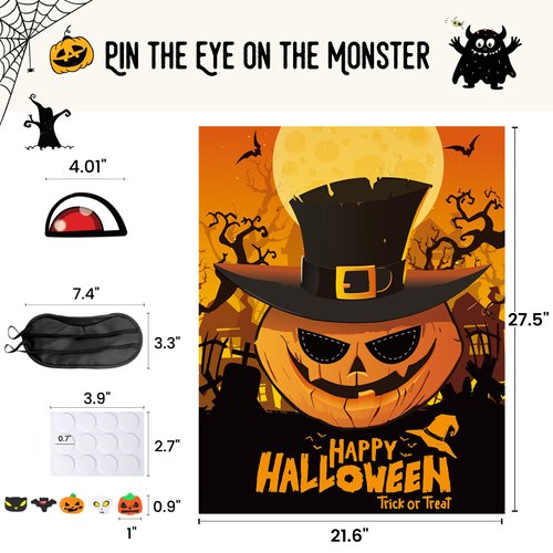 Haunt Couture Halloween Party Games with Rewards– Pin The Eye on The Pumpkin | For 54 Players | Reusable Fun Indoor Game for Kids – Party Favors and Supplies for Kids Girls Boys