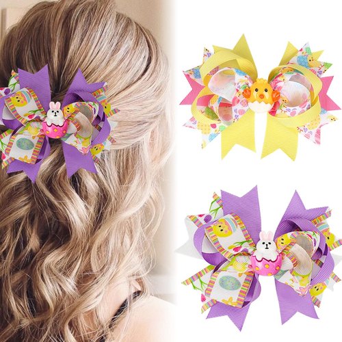 Easter Hair Clips Easter Bows Clips Grosgrain Hair Barrettes Bunny Chick Headwear Boutique Hairpin Rabbit Chick Egg Hair Accessories Alligator Clips Supply Party Costume Decoration for Girls Kids 2PCS