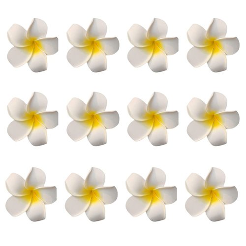 12PCS 2.4Inch White Foam Hawaiian Frangipani Artificial Plumeria Flower Hat Hair Clips Artificial Clips Hair Accessories for Bridal Wedding Party Beach Vacation Hair Decorations