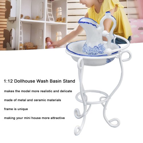VBESTLIFE Dollhouse Wash Basin,1:12 Dollhouse Washbasin Stand Kettle and Basin Realistic Exquisite Dollhouse Bathroom Accessories