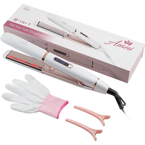 Asani 2-in-1 Flat Iron Hair Straightener and Curler - Negative Ion Technology, Anti-Frizz Ceramic Coating, 5 Heat Settings - Fast Heating Styling Tool for Versatile Looks - Portable
