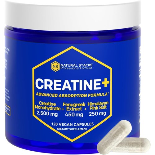 NATURAL STACKS Creatine Monohydrate Pills 2500mg - Maximum Absorption Formula w/Himalayan Salt & Fenugreek | Supports Brain Health, Endurance & Muscle Building - 120 Creatine Capsules