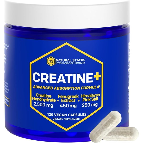 NATURAL STACKS Creatine Monohydrate Pills 2500mg - Maximum Absorption Formula w/Himalayan Salt & Fenugreek | Supports Brain Health, Endurance & Muscle Building - 120 Creatine Capsules