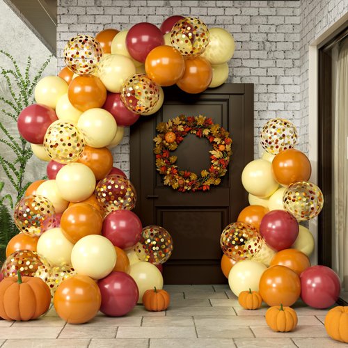 YAOWKY Burnt Orange Fall Balloons Garland Arch Kit,100pcs 12In Burnt Orange and Yellow Burgundy Gold Confetti Latex Balloons for Fall Baby Shower Birthday ThanksGiving Pumpkin Themed Party Decorations