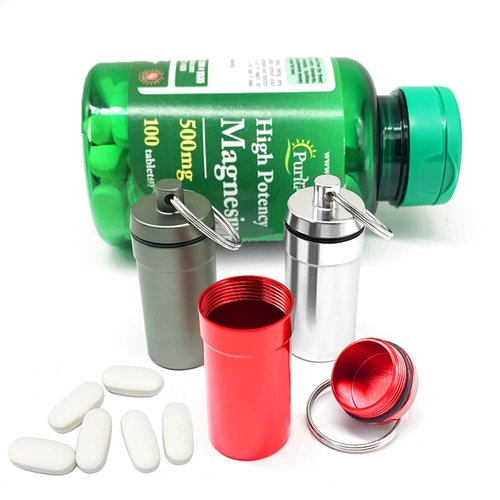 3 Packs Waterproof Aluminum Pill Fob Container, EFFIET Nitro Bottle Holder Nitroglycerin Pill Case Emergency Keychain Pill Holder for Medicine Organizer Dispenser (Silver-Matt-Red)