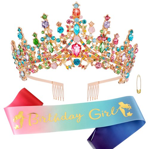 CHANACO Birthday Sash and Gold Tiara Set - Princess Crowns for Girls, Happy Birthday Decorations and Gifts for Women's Party