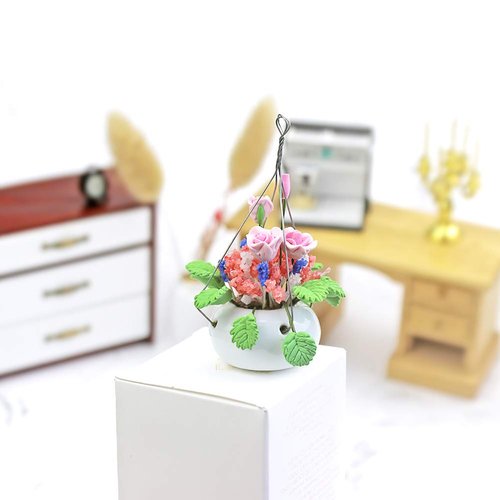 Dollhouse Decoration Plant Pots Miniature Green Potted Miniature Bonsai Model Dollhouse Accessories Decor,1 12 Scale Doll House Miniature Plant Model (1 Hanging Pot Rose)