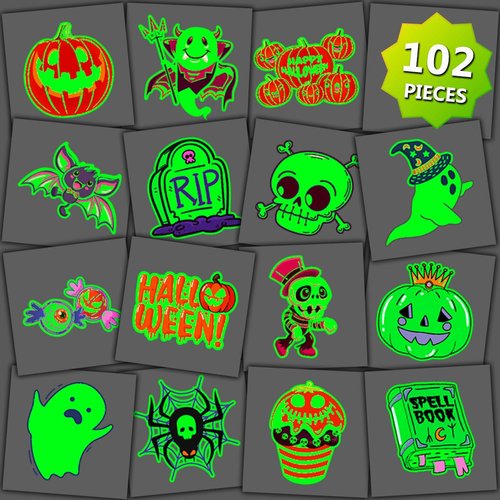 JCFIRE Luminous Halloween Temporary Tattoos for Kids, Glow in Dark Tattoos, Individually Wrapped Sheets Halloween Gifts Halloween Party Favors Birthday Party Decorations Supplies Goodie Bag Fillers