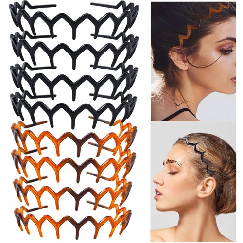SHEHARUHI 8 Pcs Zig Zag Plastic Headbands for Women Hair Band Wavy Shark Tooth Comb Hair Accessory Zigzag Headband (Black, Brown)