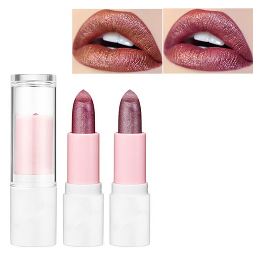 2Pcs Metallic Glitter Lipstick, Red Brown Diamond Shimmery Metallic Lipstick Long Lasting High Shine Creamy Lipstick High Impact Lip Color Full Coverage Lip Christmas Makeup for Women (Color 3#4#)