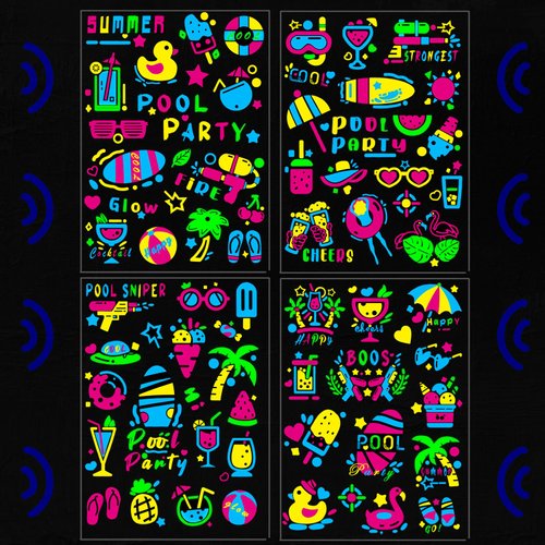 Neon UV Temporary Tattoo Waterproof, 50 Style UV Blacklight Fluorescent Fake Tattoo Makeup for Swimming Party Supplies, 4 Sheets Colorful Tattoo Stickers For Men Women Pool Party