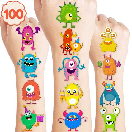 100 PCS Monster Temporary Tattoos Themed Birthday Party Decorations Favors Supplies Decor Cute Little Monster Color Tattoo Stickers Gifts For Boys Girls School Class Prizes Reward Cartoon