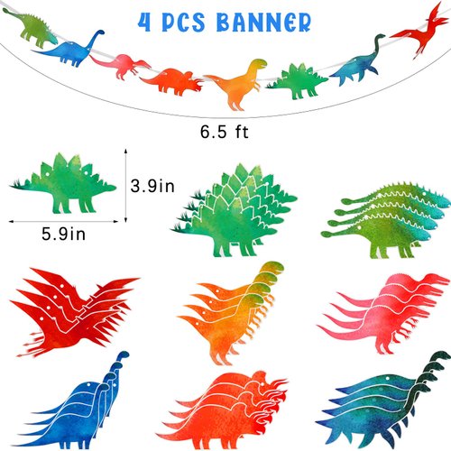 4 Pcs Watercolor Dinosaur Banner Garland Dinosaur Party Decorations for Birthday Party Dino Theme Party Supplies Wall Decor