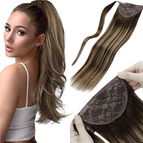 LaaVoo Brown Ponytail Extension Human Hair 80G 20inch Balayage Ombre Brown Fading to Caramel Brown Highlights Clip in Wrap Around Ponytail Human Hair Extensions
