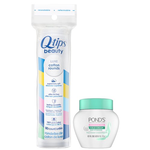 Ponds Cold Cream, Fragrance-Free + Q-tips Cotton Rounds 80 Count – Ponds Makeup Remover (6.1 Oz) & 100% Cotton Pads