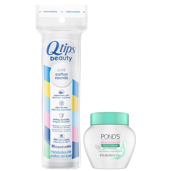 Ponds Cold Cream, Fragrance-Free + Q-tips Cotton Rounds 80 Count – Ponds Makeup Remover (6.1 Oz) & 100% Cotton Pads