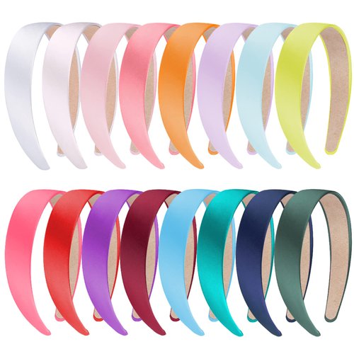 SIQUK 16 Pieces Satin Headbands 1 Inch Hard Headband Colorful Hair Headbands DIY Satin Covered Plastic Headbands Hard Satin Headband for Women and Girls