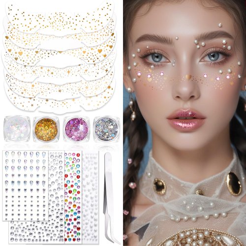 U-Shinein Glitter Freckles Face Tattoo, 6 Styles Gold Face Makeup Patches, Glow Up Makeup Patches with Self Adhesive Face Gems Stickers, 4 Colors Face & Body Glitter Gel, Festival Rave Accessories Set