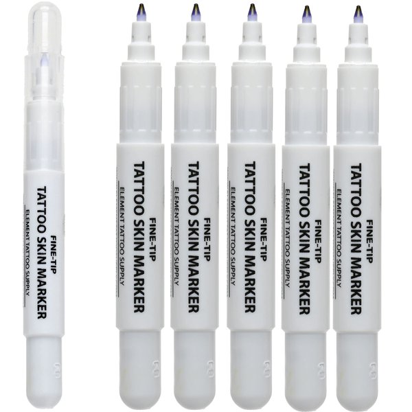 ELEMENT TATTOO SUPPLY - Fine Tip Purple Skin Body Markers for Tattoo Stencil Long Lasting Precise Lines Skin Safe Markers for Tattoo Artists Freehand 5 pack