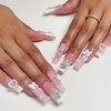 IMSOHOT Long Press on Nails Square French Tips Fake Nails Glossy Acrylic Full Cover Pink Glue on Nails Cute Bow Flower Designs 3D Bear Planet Charms Artificial Nails for Women 24Pcs