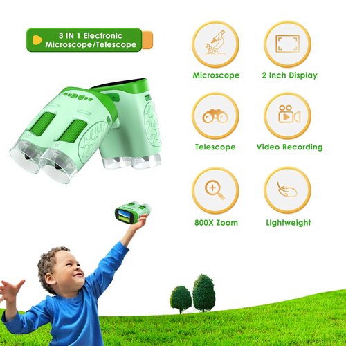 ZOMFOM Digital Microscope for Kids, 3-in-1 2" IPS Screen Handheld Electronic Microscope Telescope Digital Camera, 800X Zoom, Taking Videos and Pictures, Adjustable LED Light, 32GB Card Included