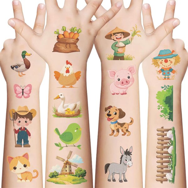 10 Sheets Farm Animal Temporary Tattoo Stickers for Kids, Birthday Party Favors, Cute Cartoon Animal Decoration Sticker Gifts for Girl Boys Home Activity Class Prizes Carnival Christmas Rewards