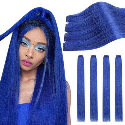 Ugeat Blue Human Hair Extensions 20 Inch Hair Extensions Clip in Colorful Hair Extensions for Kids Or for Party 28 Grams 4Pcs Clip on Hair Extensions