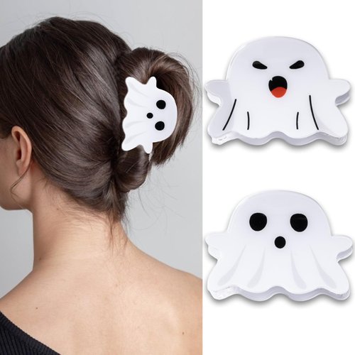 2 Pcs White Ghost Face Hair Claw Clips for Women Cute Specter Hair Clips for Thin Thick Hair Non-slip Jaw Clips Double High Ponytail Holder Halloween Hair Accessories Hair Styling Tool
